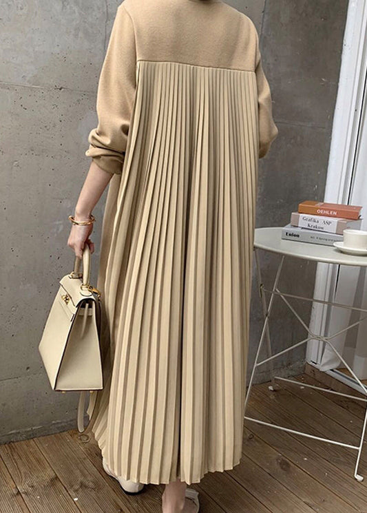 Yellow O Neck Wrinkled Patchwork Cotton Long Dress Winter