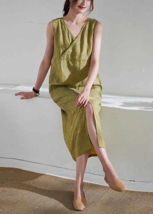 Yellow Pockets Patchwork Summer Linen Long Dress Sleeveless