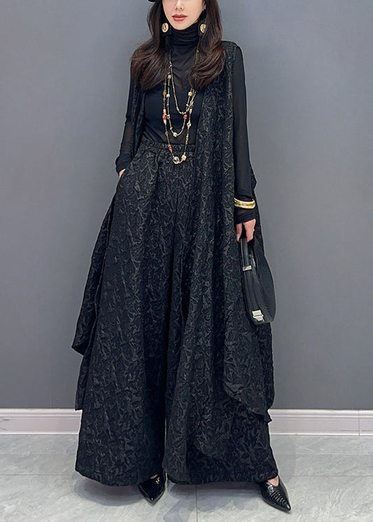 Jacquard Black Asymmetrical Patchwork Waistcoat and Pants Cotton Two Pieces Set Sleeveless Fall