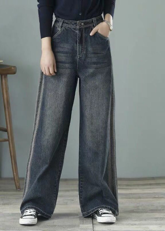 Loose Denim Blue High Waist Pockets Cotton Wide Leg Pants for Spring