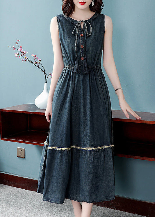 Natural Blue O-neck Drawstring Elastic Waist Cotton Ankle Dress Spring
