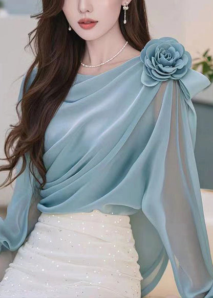 Stylish Blue Wrinkled Chiffon Shirt Fall