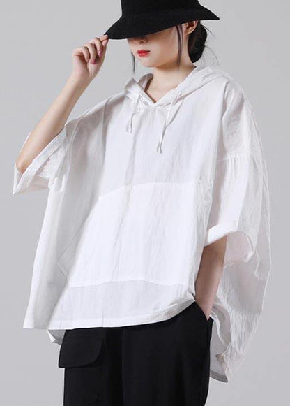 White Hooded Cotton Tops Summer