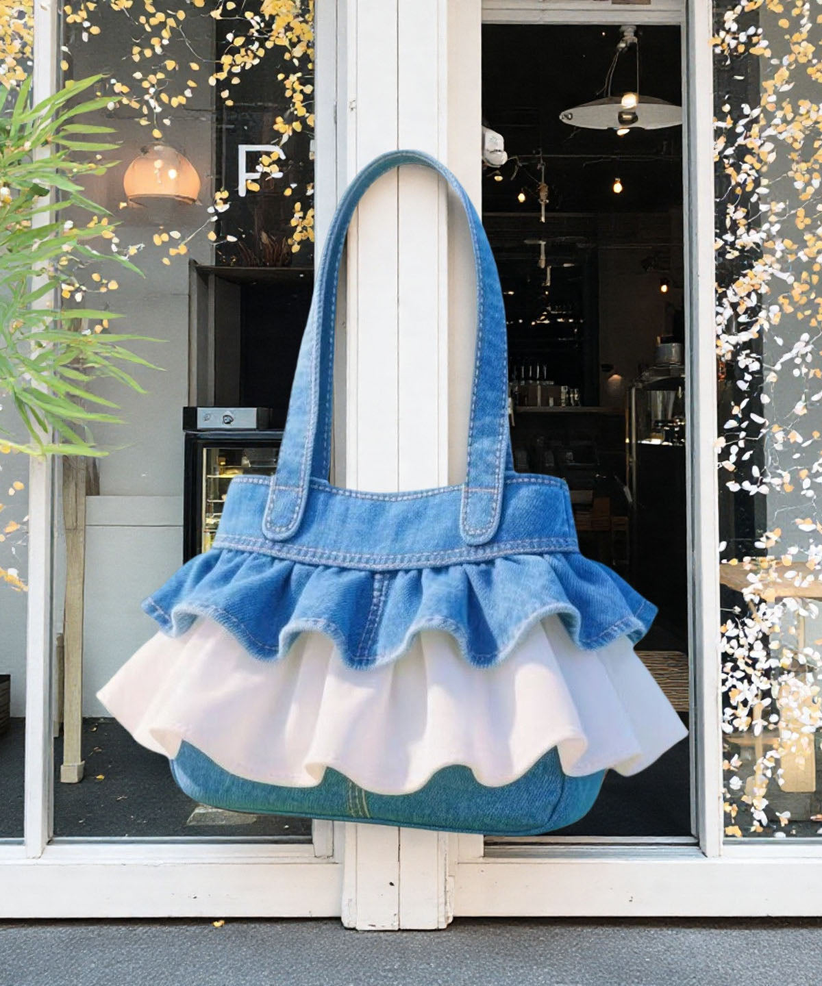 Blue Ruffled Patchwork Lace Denim Handbags