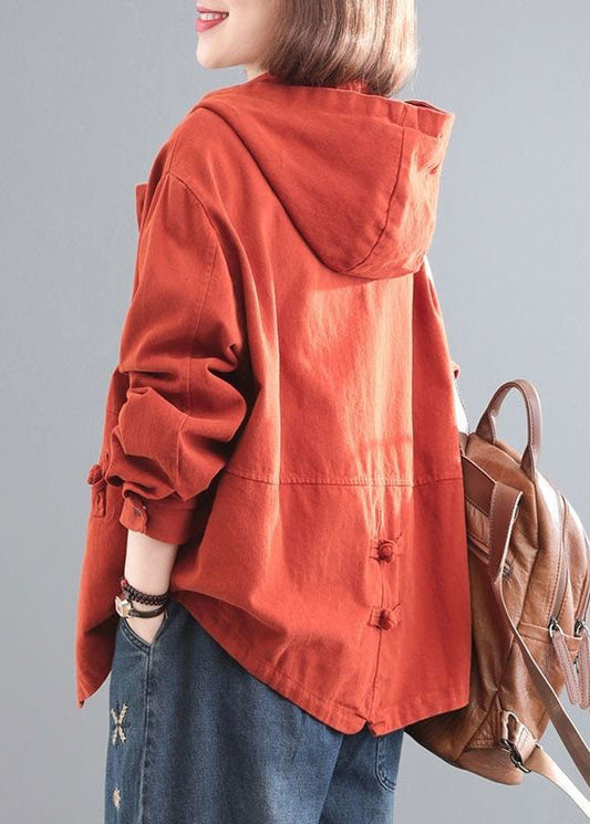 Orange Hooded Chinese Button Denim Coat Long Sleeve Spring