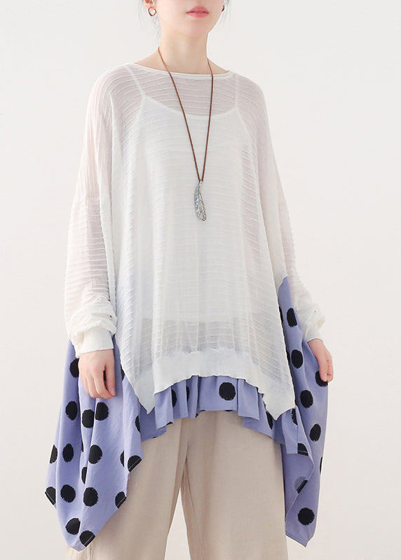 White O-neck Dot Patchwork Cotton Knit Tops Batwing Sleeve