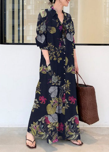 Orange Oversized Print Linen Holiday Dress Fall