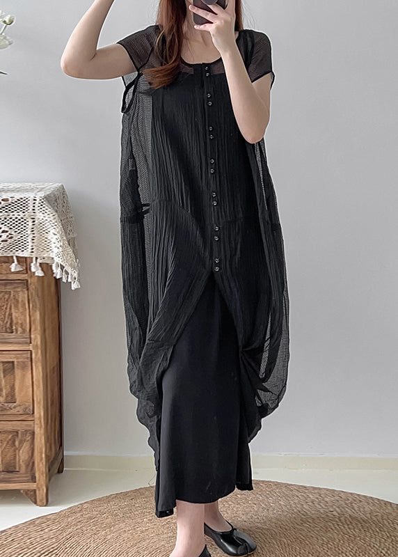 Black Asymmetrical Wrinkled Silk Dress Two Piece Set Summer