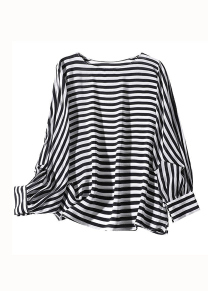 Black O Neck Striped Patchwork Silk Shirt Tops Spring