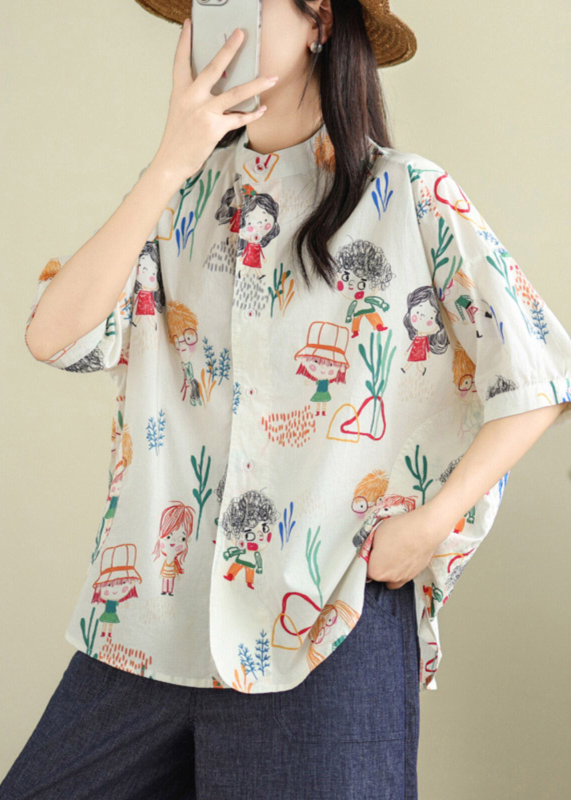 White Print Button Shirts Summer