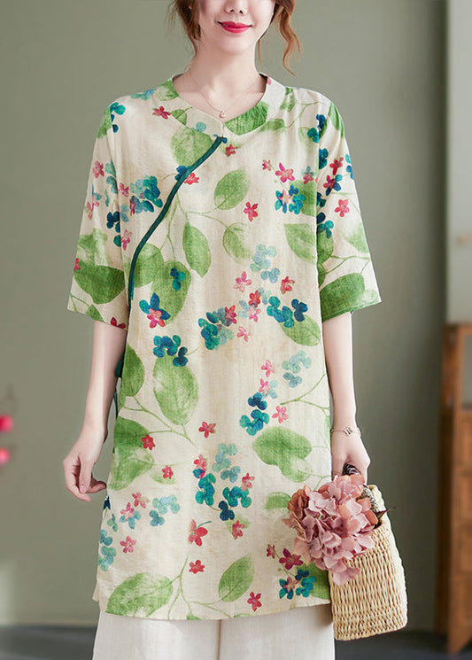 Green O-neck Tie Waist Print Linen Dress Half Sleeve