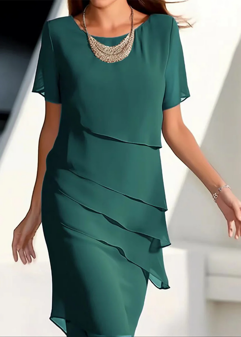 French Khaki O-neck Layered Chiffon Maxi Dresses Short Sleeve Summer
