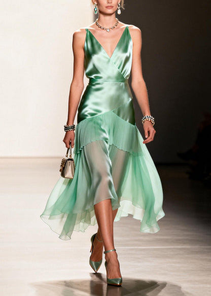 Green Ruffled Patchwork Chiffon Spaghetti Strap Dress Summer