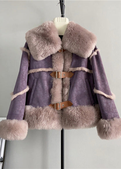 Style Purple Square Collar Pockets Patchwork Leather and Fur Coat Winter