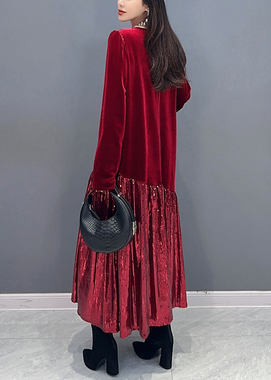 New Red Patchwork Silk Velour Long Dress Long Sleeve