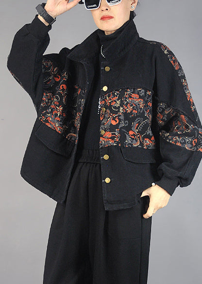 Black Oversized Patchwork Print Denim Jacket Spring