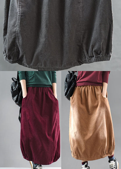 Brown Elastic Waist Corduroy Cotton Skirt Spring