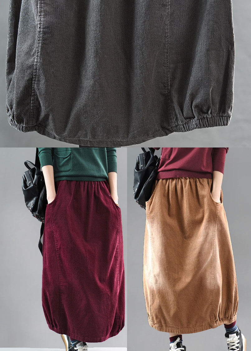 Grey Black Wrinkled Patchwork Corduroy Skirts Spring