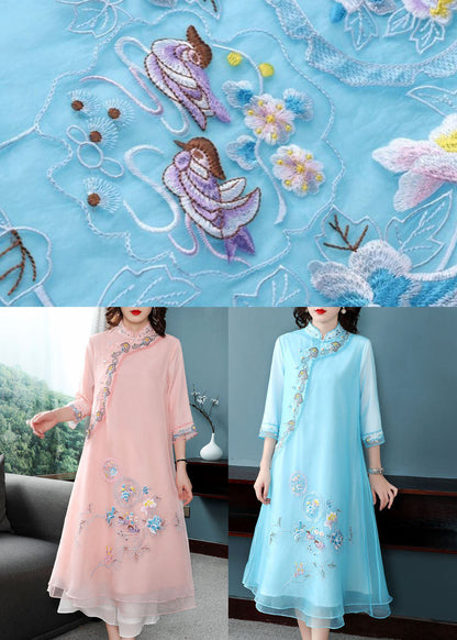 Pink Chiffon Chinese Style Dresses Chinese Button Embroideried Bracelet Sleeve Summer