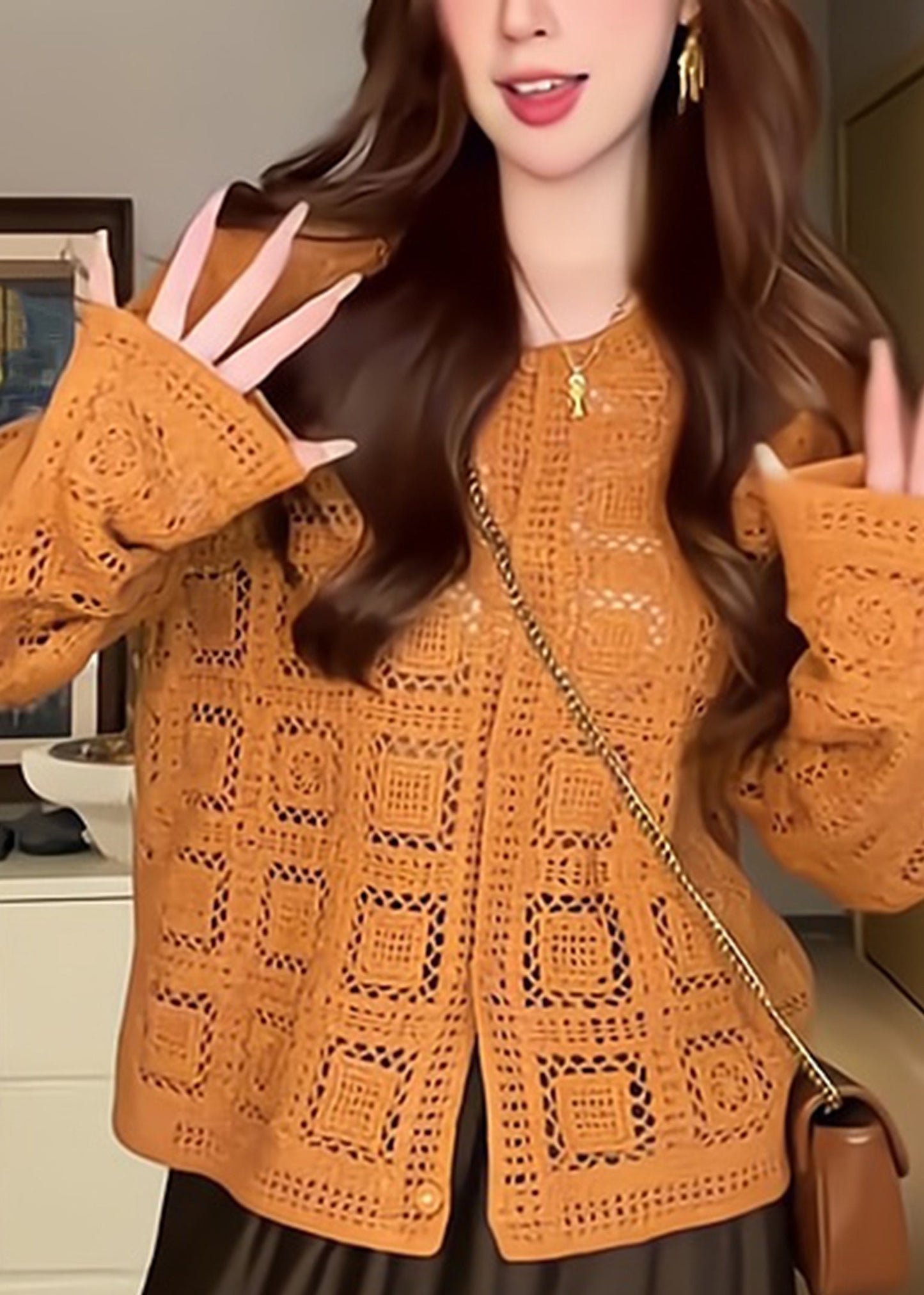 Stylish Orange O-neck Cotton Knit Cardigans Long Sleeve