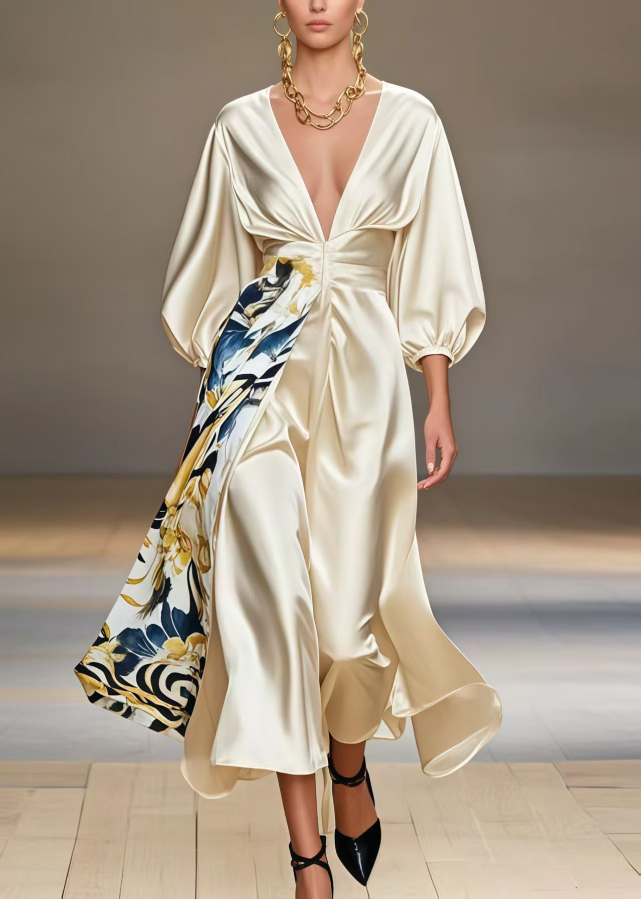 Diy Champagne Deep-v Neck Print Silk Party Dresses Bracelet Sleeve