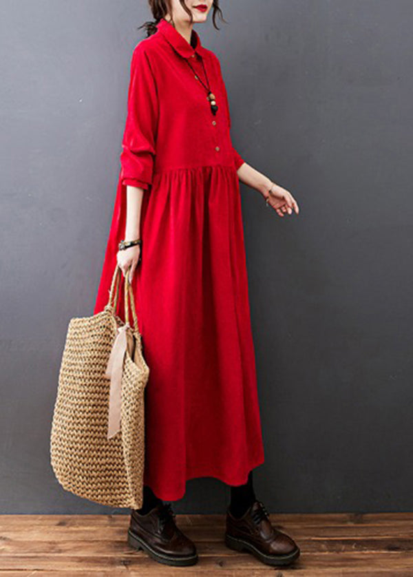 Blue Peter Pan Collar Wrinkled Corduroy Vacation Dresses Long Sleeve