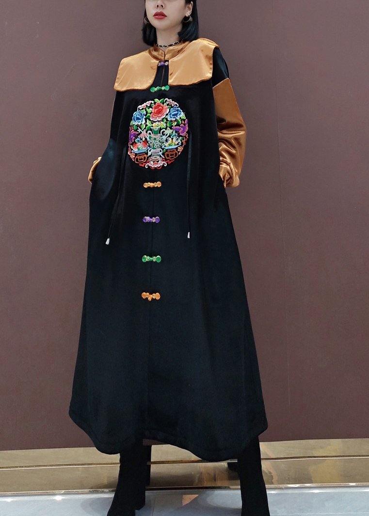 French Black Embroidery Tunic Stand Collar Patchwork Spring Dresses