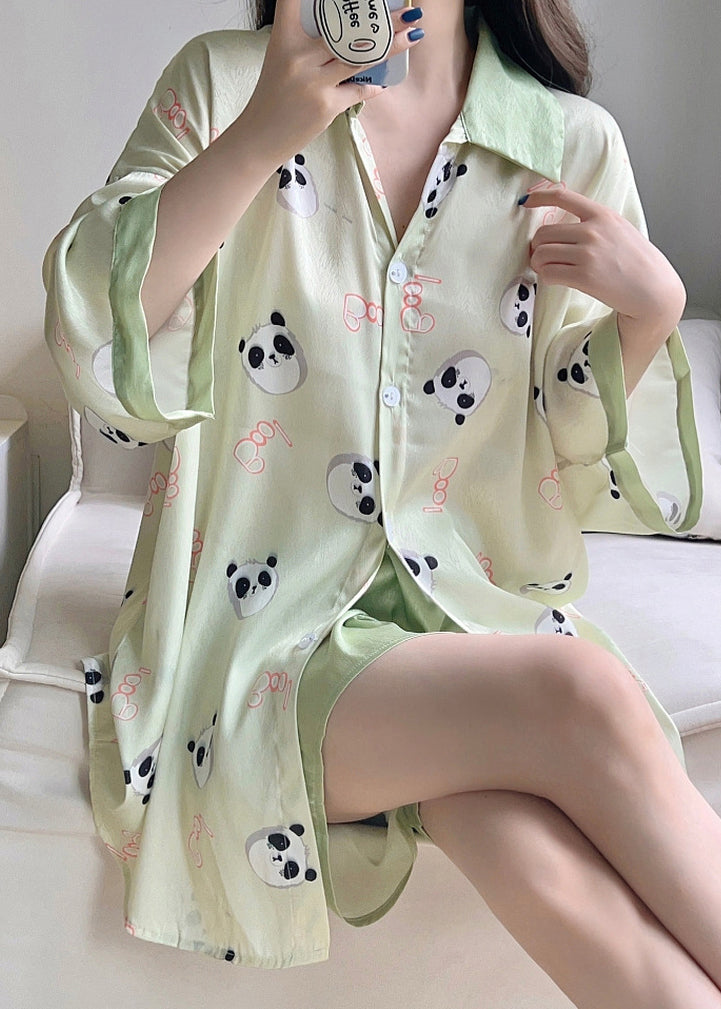 Green Print Shirts and Shorts Ice Silk Pajamas Two Pieces Set Spring