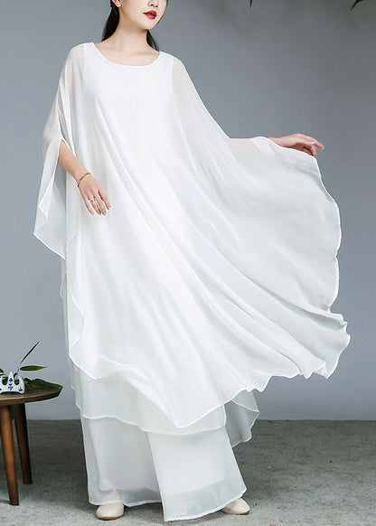 Boutique White O-neck Chiffon Long Dress and Wide Leg Pants Two Pieces Set Fall
