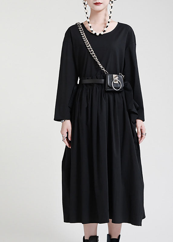 Black O-neck Patchwork Pockets Fall Dress Long Sleeve