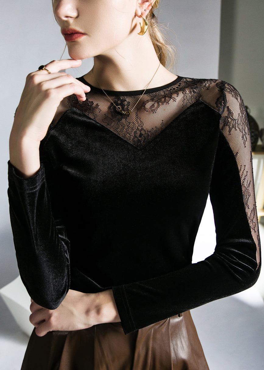 Black Hollow Out Lace Patchwork Silk Velour T Shirts Fall