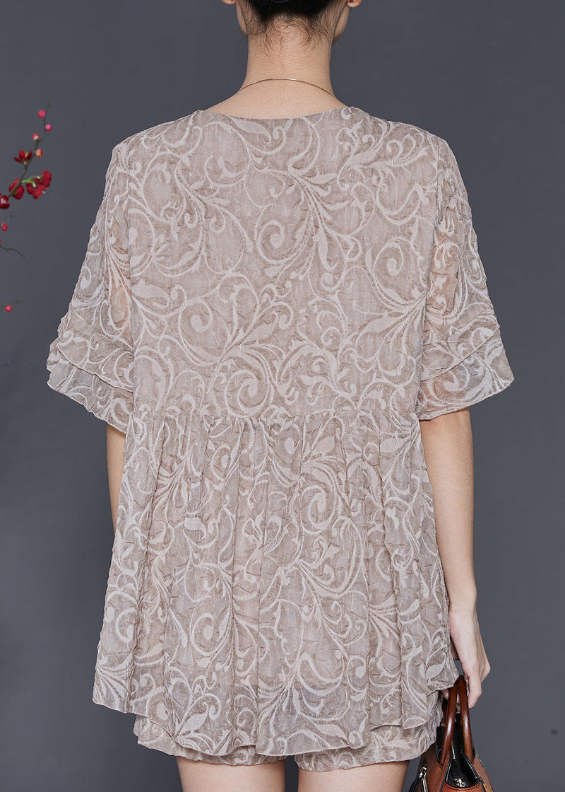 Khaki Jacquard Patchwork Lace Two Pieces Set Summer