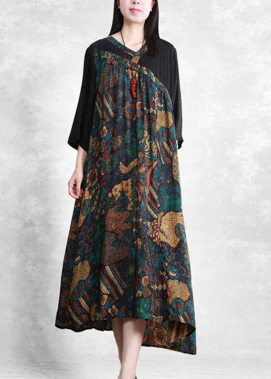 Black V Neck Patchwork Asymmetrical Print Silk Dress Three Quarter Sleeve