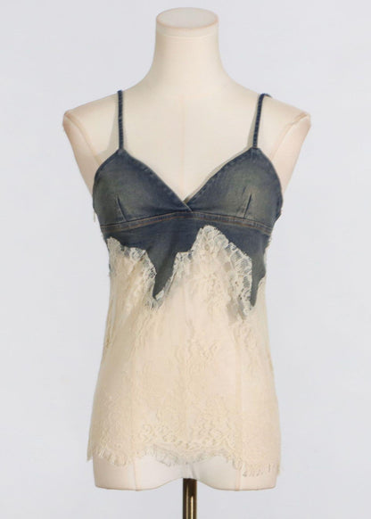 Navy Lace Patchwork Denim Vests and Skirts Two Pieces Set Summer