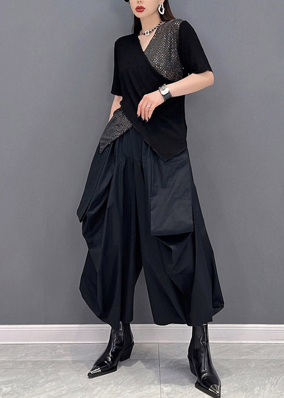 Art Black V Neck Sequins Patchwork Tanks and Wide Leg Pants Two Piece Set Summer