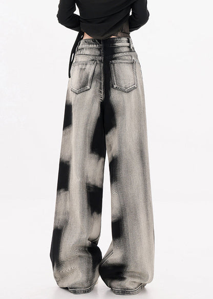 Modern Black Tie Dye Pockets Denim Wide Leg Pants Fall