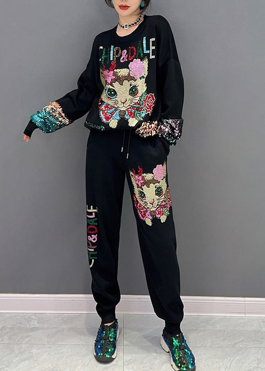 Loose Black O-neck Little Cat Print Top and Beam Pantstwo Pieces Set Spring