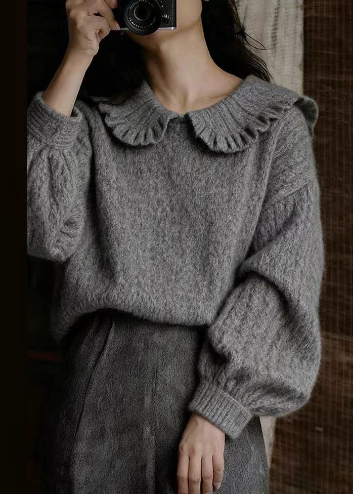 Dark Gray Peter Pan Collar Cozy Knit Sweater Winter