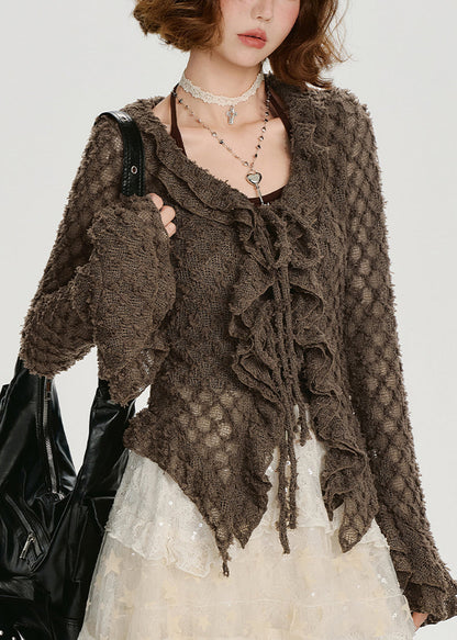 Coffee Ruffled Hollow Out Knit Shirts Flare Sleeve