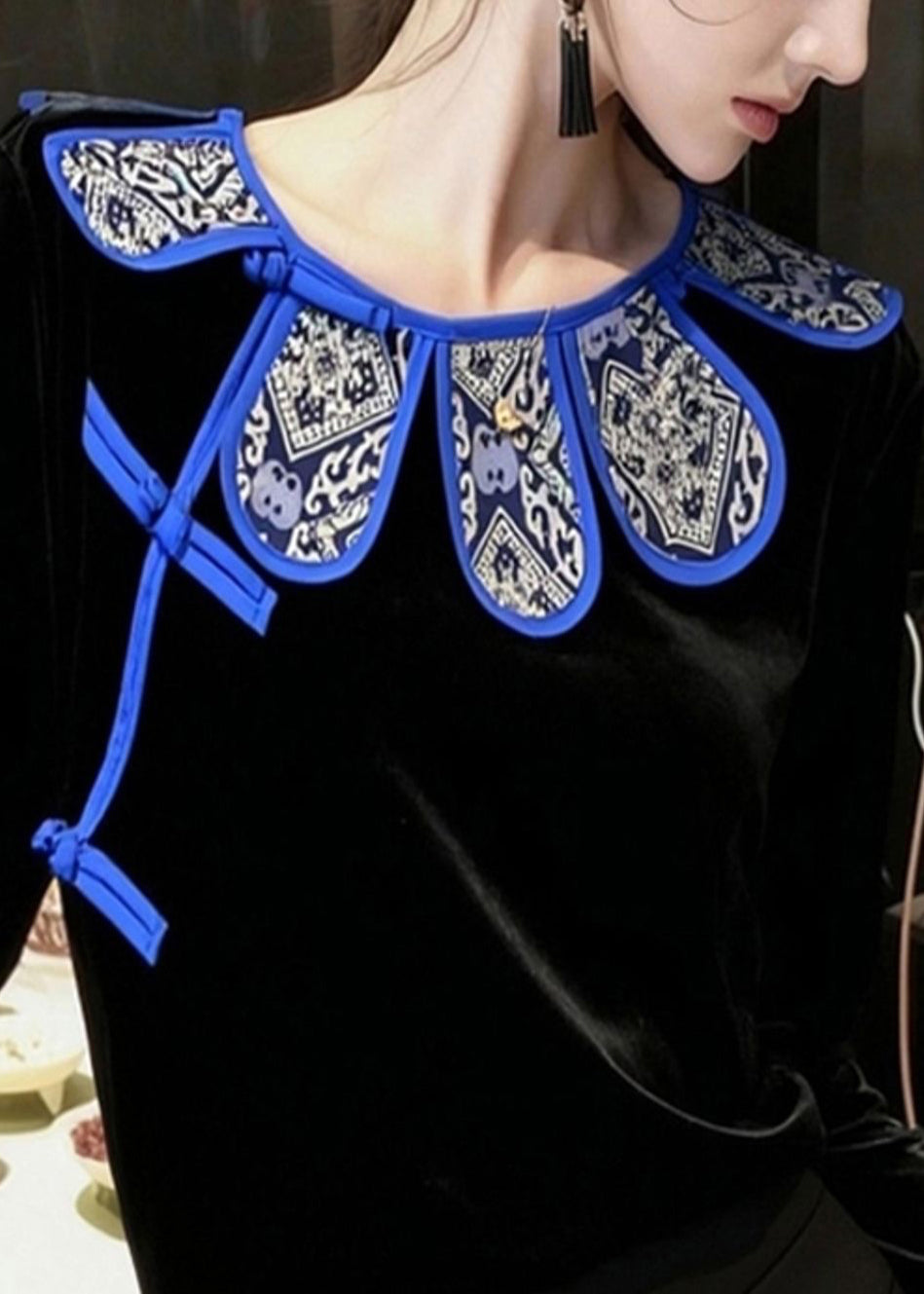 Black Chinese Button Silk Velour Oriental Shirts Spring