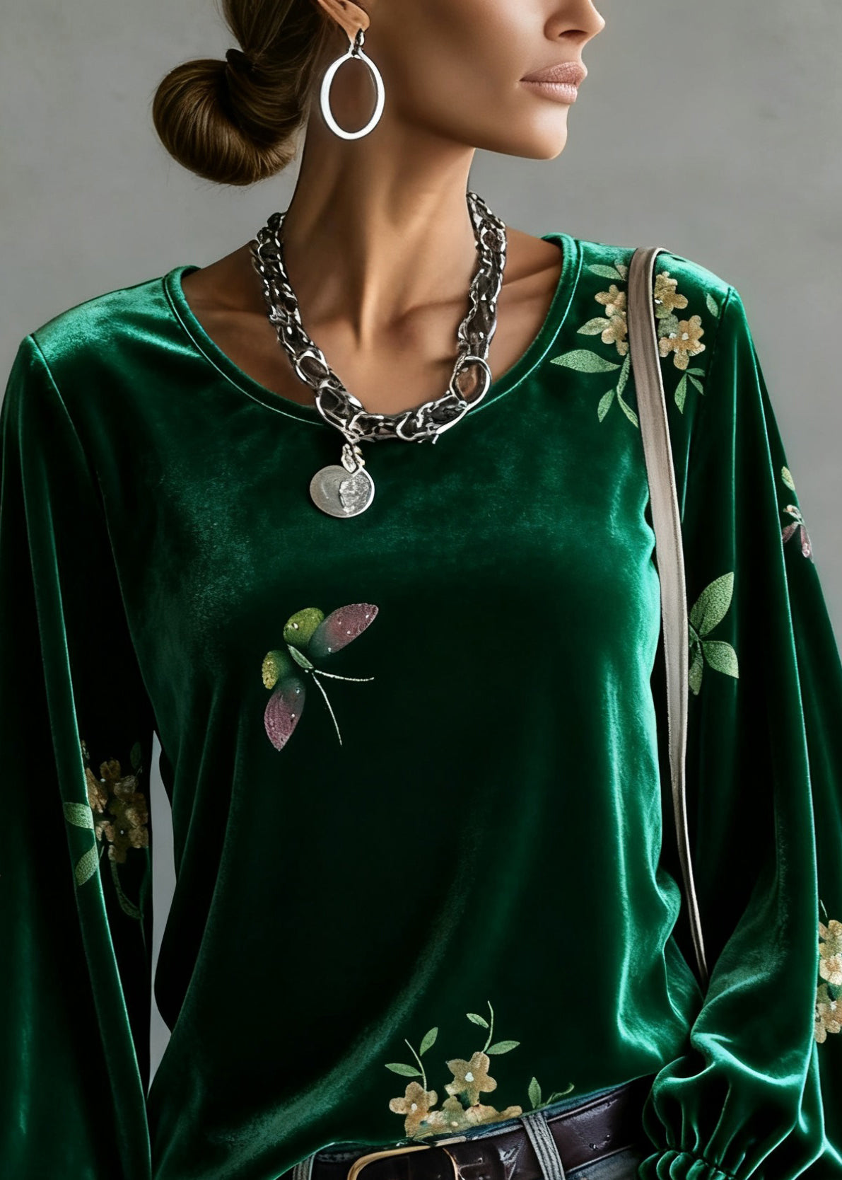 Green O-neck Print Silk Velour Tops Spring