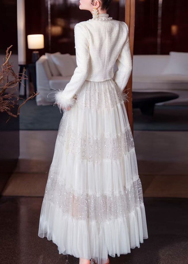 White Sequins Nail Bead Coats and Tulle Maxi Skirt Two Pieces Set Spring