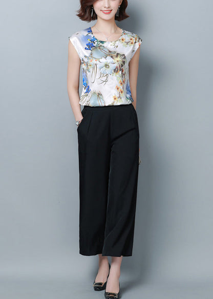 Blue Print Silk Blouse Top O-neck Slim Fit Short Sleeve