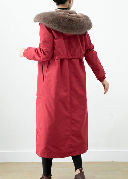 Red Warm Otter Rabbit Hair Lined Coats Fox Collar Witner