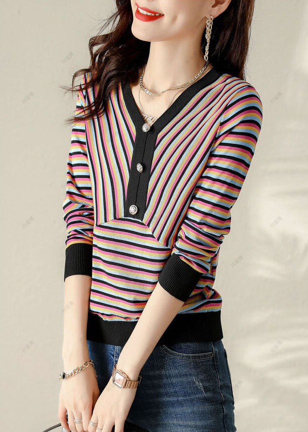 V Neck Striped Patchwork Shirt Spring