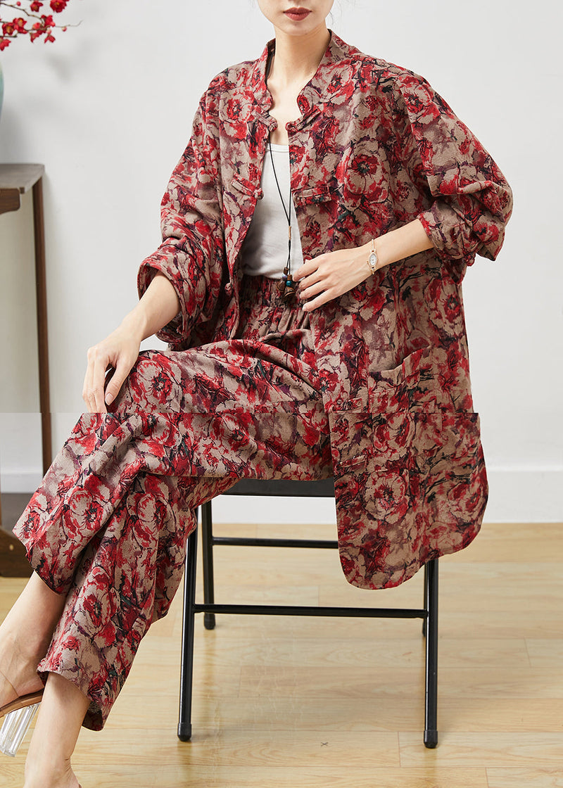 Red Print Chinese Button Linen Two Pieces Set Spring