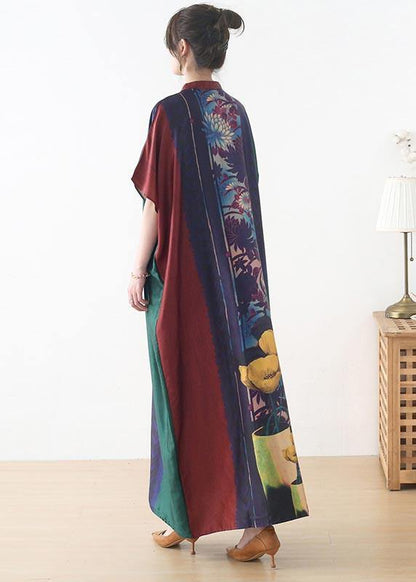 Handmade Red Purple Green Print Chiffon Dress Loose Summer Dress