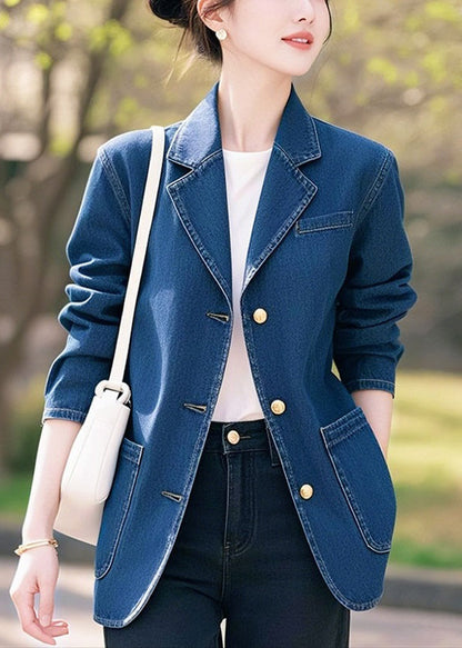 Stylish Blue Peter Pan Collar Button Pockets Denim Coat Spring