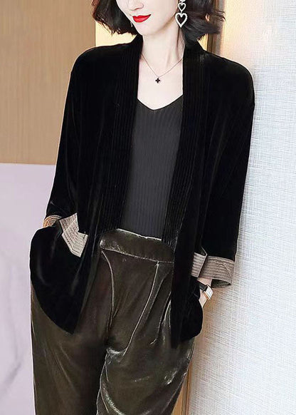 Loose Black V-neck Pockets Patchwork Silk Velour Cardigans Bracelet Sleeve