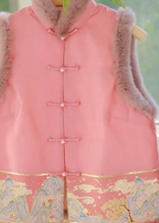 Pink Stand Collar Button Teddy Patchwork Cotton Filled Vest Sleeveless